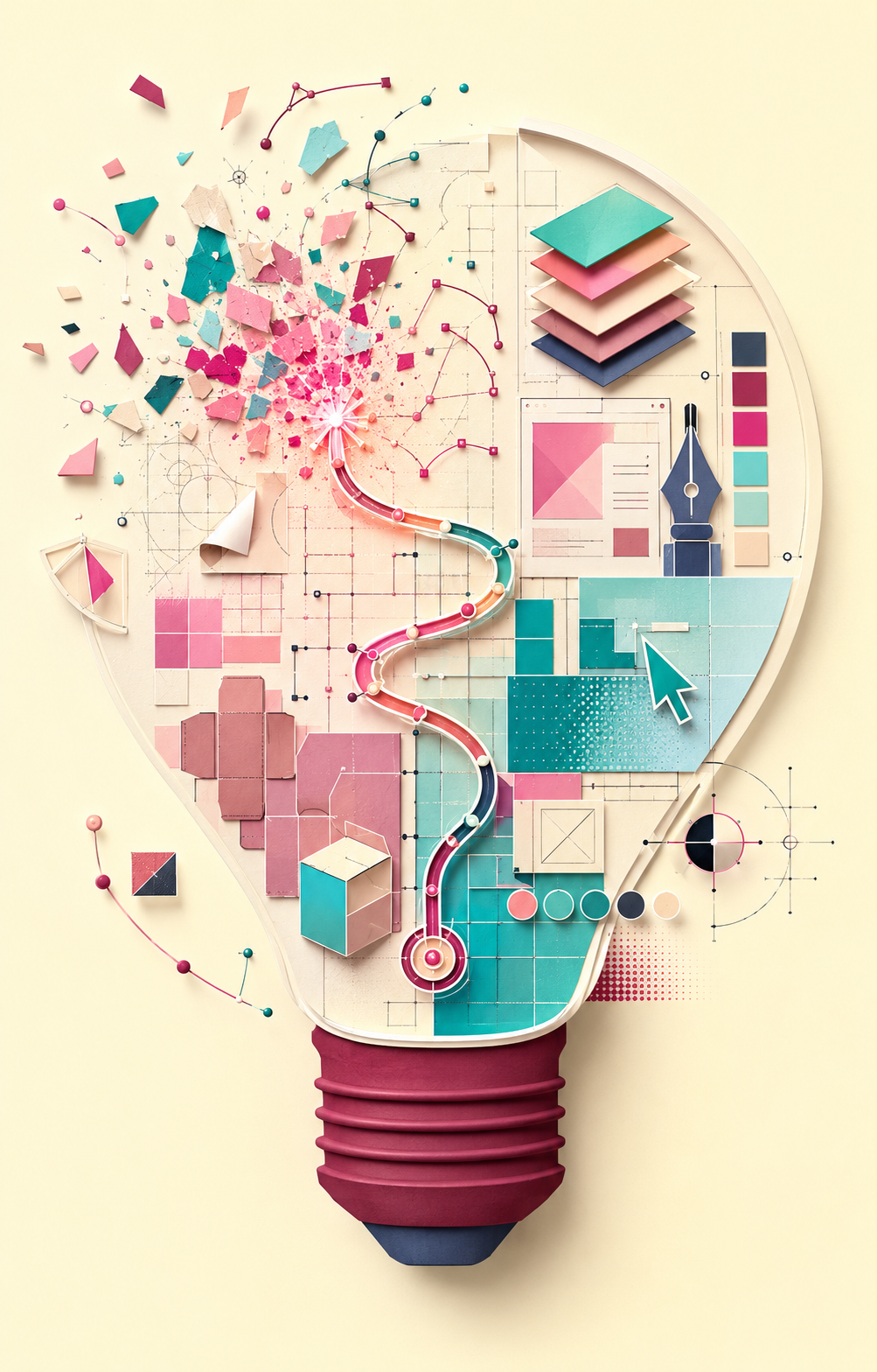 An imaginative lightbulb built from graphic design ideas, creative tools and finished executions