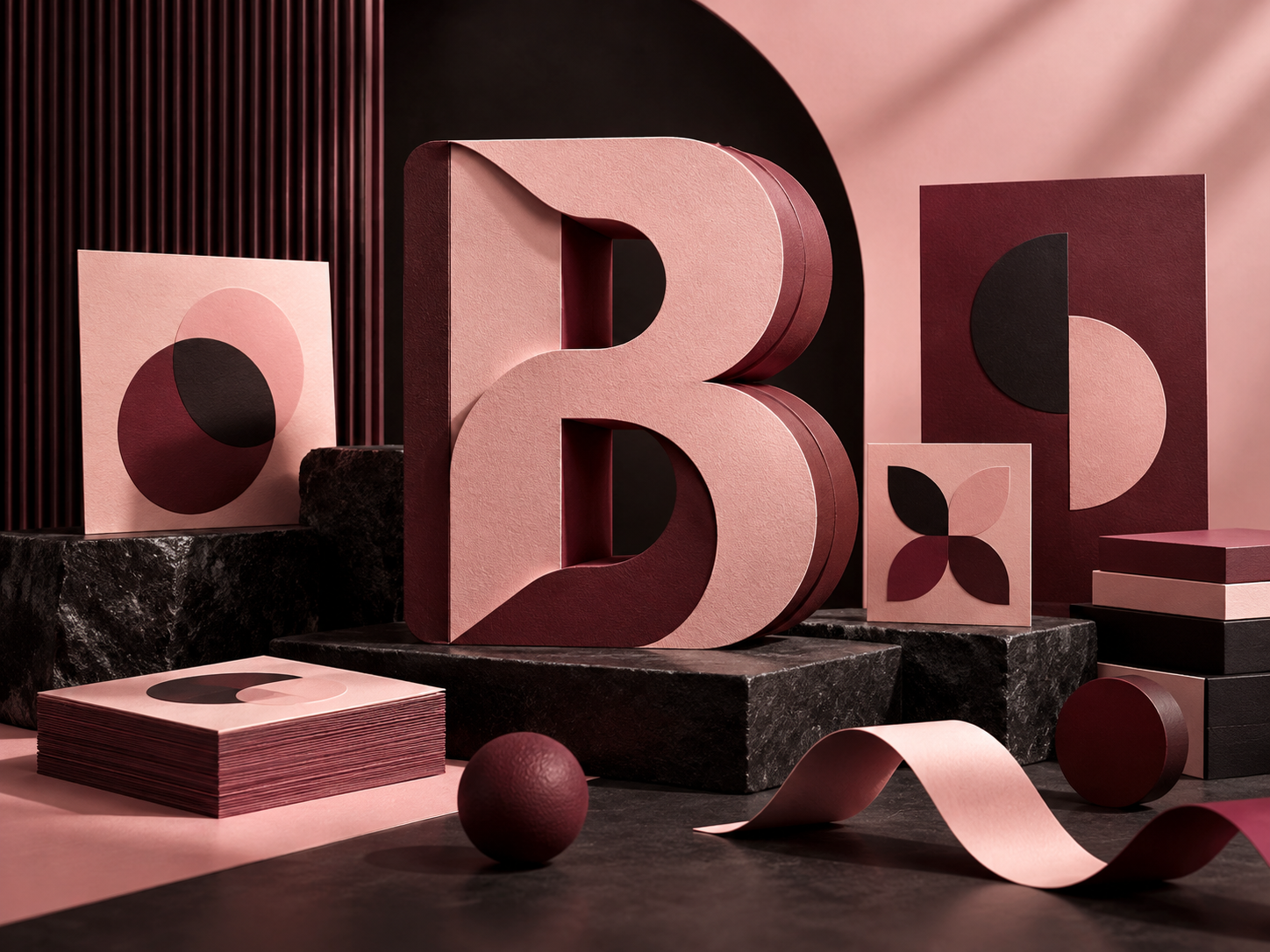 Sculptural brand identity system in blush and burgundy